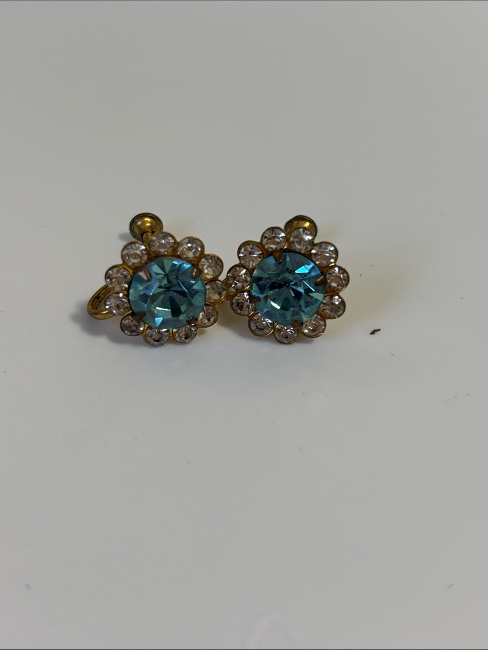 Vintage Gold-Tone Blue Crystal Flower Clip-On Earrings